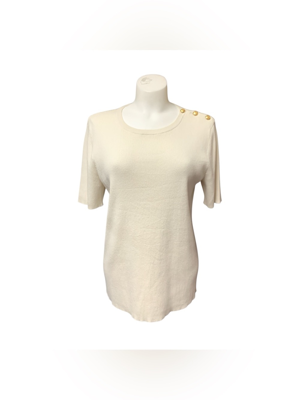 Ralph Lauren Cream Short-Sleeve Knit Top with Gold Shoulder Buttons Size Xl